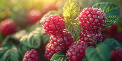 A cluster of raspberries on a bush with green leaves. The berries are red and ripe, and there is a...