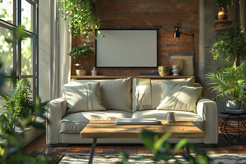 A living room with a white couch and a white coffee table