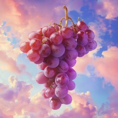 Surrealistic grape bunch, vibrant purple, floating in a dreamy sky