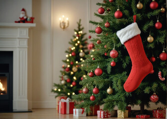 Red Santa Claus hat and sock hanging under christmas tree in the house