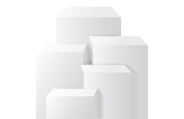5 square white pedestal podiums with layer and close up on transparent background