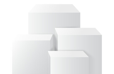 4 square white podiums with layer and close up on transparent background