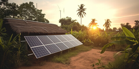 Solar panels in remote village area. rural electrification provide electricity in impoverished areas