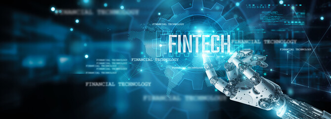 Financial technology, Hands of robot touch financial data and fintech icon, transactions fly on network, algorithms churn, innovate, analyze and strategize, disrupting, transforming finance landscape.