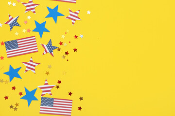 USA flags and stars on yellow background. American Independence Day celebration