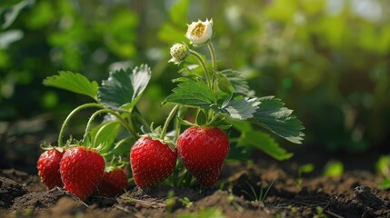 Strawberry plant with ripening berries growing in the garden