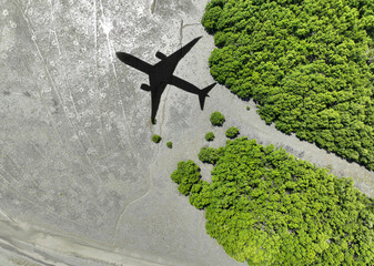 Shadow airplane flying above mangrove forest. Sustainable fuel. Biofuel in aviation. Sustainable...