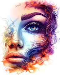 Fototapeta premium A woman's face with blue eyes and purple hair