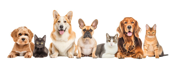 group of dogs and cat on white, png