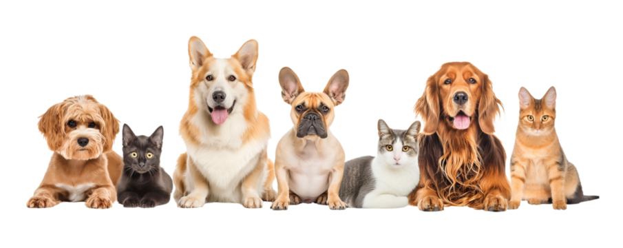 group of dogs and cat on white, png