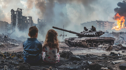 Two children stand in front of a tank that says'the word war'on it ,generative ai