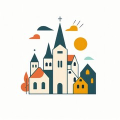 A flat graphic depicting a miniature town with houses, trees and a church with a spire on a white background.