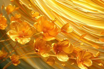 Golden flowers on yellow canvas, resembling amber and peach jewelry