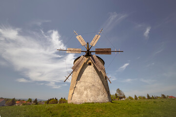 Windmills of Tes village hungarian name is Tesi szelmalmok. The old windmills are free visitable monuments in Veszprem county. Near by Bakony mountains.