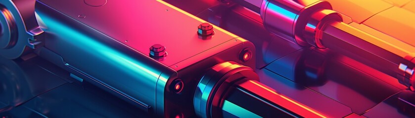 A close-up of a colorful mechanical device. The device is made of metal and has a complex structure. It is not clear what the device is used for. - obrazy, fototapety, plakaty