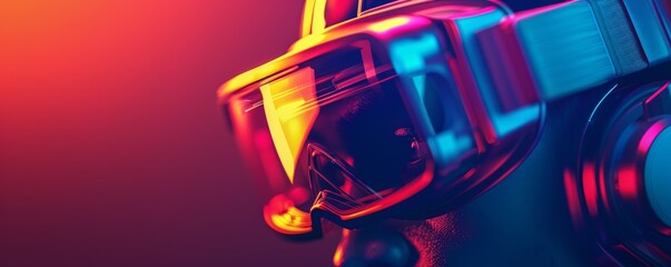 A close-up of a person wearing a futuristic helmet with a red and blue visor