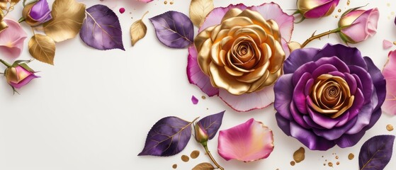 rose petals on white background with copy space for text. Golden alcohol ink watercolor floral bloom banner for Mother&rsquo;s Day or mauve wedding stationery