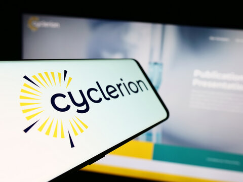 Stuttgart, Germany - 05-02-2024: Mobile phone with logo of US biopharmaceutical company Cyclerion Therapeutics Inc. in front of website. Focus on center-left of phone display.