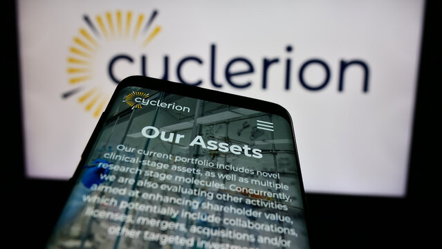 Stuttgart, Germany - 05-02-2024: Smartphone with webpage of US biopharmaceutical company Cyclerion Therapeutics Inc. in front of logo. Focus on top-left of phone display.