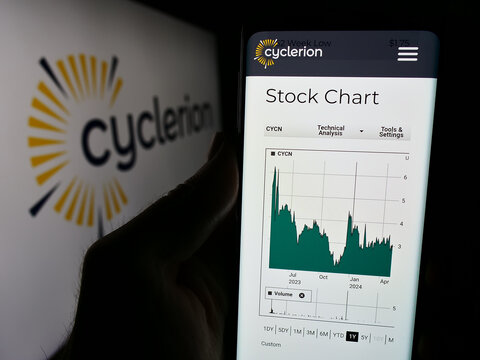 Stuttgart, Germany - 05-02-2024: Person holding cellphone with website of US biopharmaceutical company Cyclerion Therapeutics Inc. with logo. Focus on center of phone display.