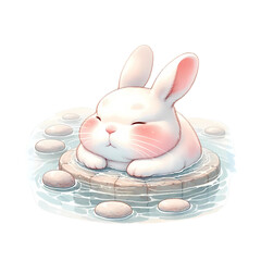 A cute cartoon rabbit is sitting in a hot spring, with a blissful expression on its face. The water is surrounded by rocks, and the rabbit is sitting on a small rock in the center. The rabbit's fur is