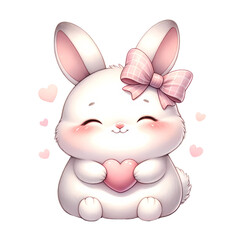 A cute cartoon rabbit with a pink bow on its head is holding a pink heart. The rabbit is surrounded by pink hearts.