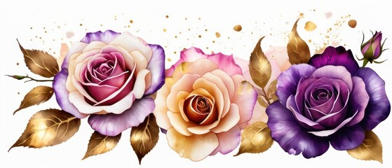 rose petals on white background with copy space for text. Golden alcohol ink watercolor floral bloom banner for Mother&rsquo;s Day or mauve wedding stationery