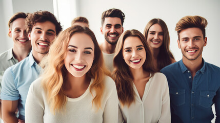 Obraz premium A group of multiracial young people, boys and girls, students of an educational institution smiling.