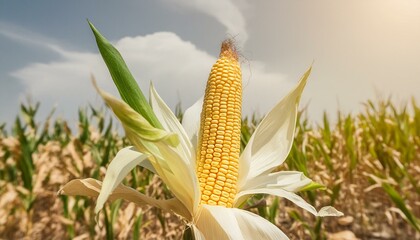Standing Tall: Lone Corn Cob in Agricultural Field"