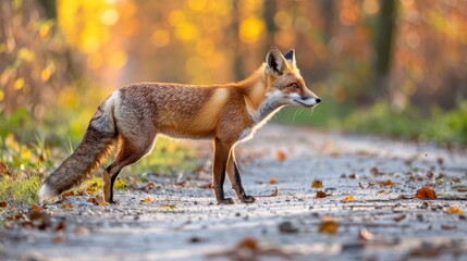 Serenely scenic path through cevennes forest with elegant red fox in the soft morning sunlight