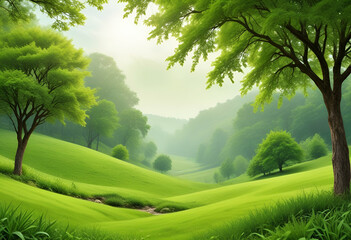 Greenery in the forest with green trees and plants with mountains.