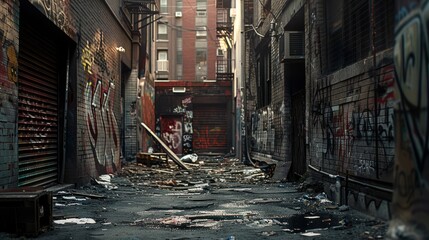dark dirty alleyway with broken windows graffitti