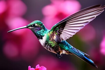 Fototapeta premium Delicate ballet of a hummingbird as it hovers and then gracefully lands on a slender branch