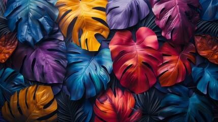 Colorful backdrop featuring a pattern of tropical leaves in a vibrant, multi-colored palette