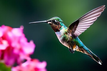 Fototapeta premium Delicate ballet of a hummingbird as it hovers and then gracefully lands on a slender branch