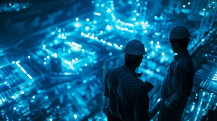 Two engineers in hard hats looking out over a futuristic city at night.