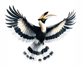 Fototapeta premium Dynamic watercolor illustration of a Narcondam Hornbill, wings fully spread in an elegant display of black and white feathers.