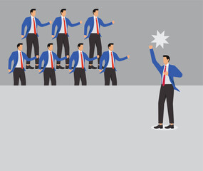 Motivating employees or team members, communicating important information, coaching or encouraging the team to achieve success, the manager standing in front of a group of businessmen waving his fist 