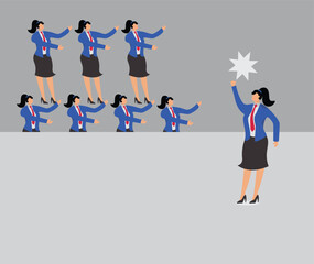 Motivating employees or team members, communicating important information, coaching or encouraging the team to achieve success, the manager standing in front of a group of businesswomen waving his fis