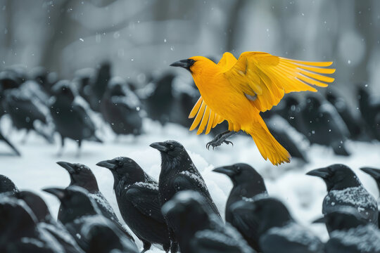 A yellow crown among a flock of black crown, raising head as a leader. Being different and unique with its own identity and special skills among the others