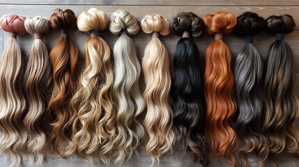 Assortment of hair extensions in various colors from pastel pink to deep black