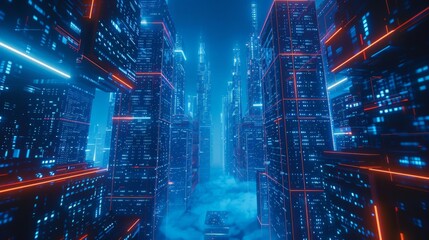 A digital city with blue and red lights