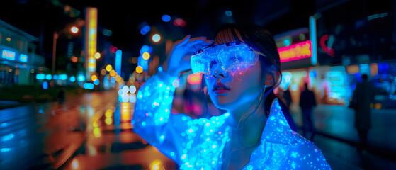 asian woman wearing vr glasses being in a virtual world.