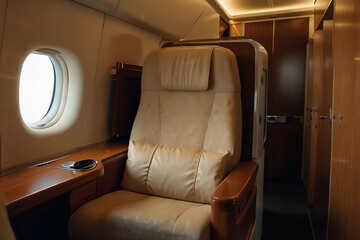 Fototapeta premium Luxury First class very nice and comfort seat in flight service.VIP business cabin chair.It is a luxury First Class seat. It is very comfortable and nice. It is a VIP business cabin chair. AI