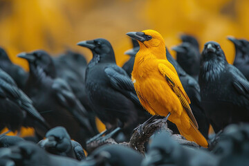 A yellow crown among a flock of black crown, raising head as a leader. Being different and unique with its own identity and special skills among the others