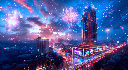 high angle view high tower cityscape with background firework on sky , happy new year celebration 