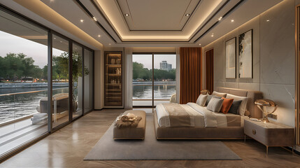 Fototapeta premium Luxurious modern bedroom with panoramic river view and elegant decor
