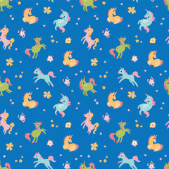 Seamless pattern with cute unicorns. A mythological and magical creature. Design for fabric, textiles, wallpaper, packaging.	
