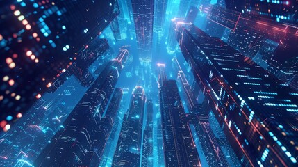 A digital city with blue and red lights.