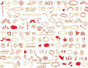 Naklejka premium Hand drawn doodles, hearts, stars, love symbols, Valentine’s Day elements, romantic designs, cheerful, happiness, flowers, arrows, swirls, crowns, smiley faces, greetings, waves, lines, circles, cloud